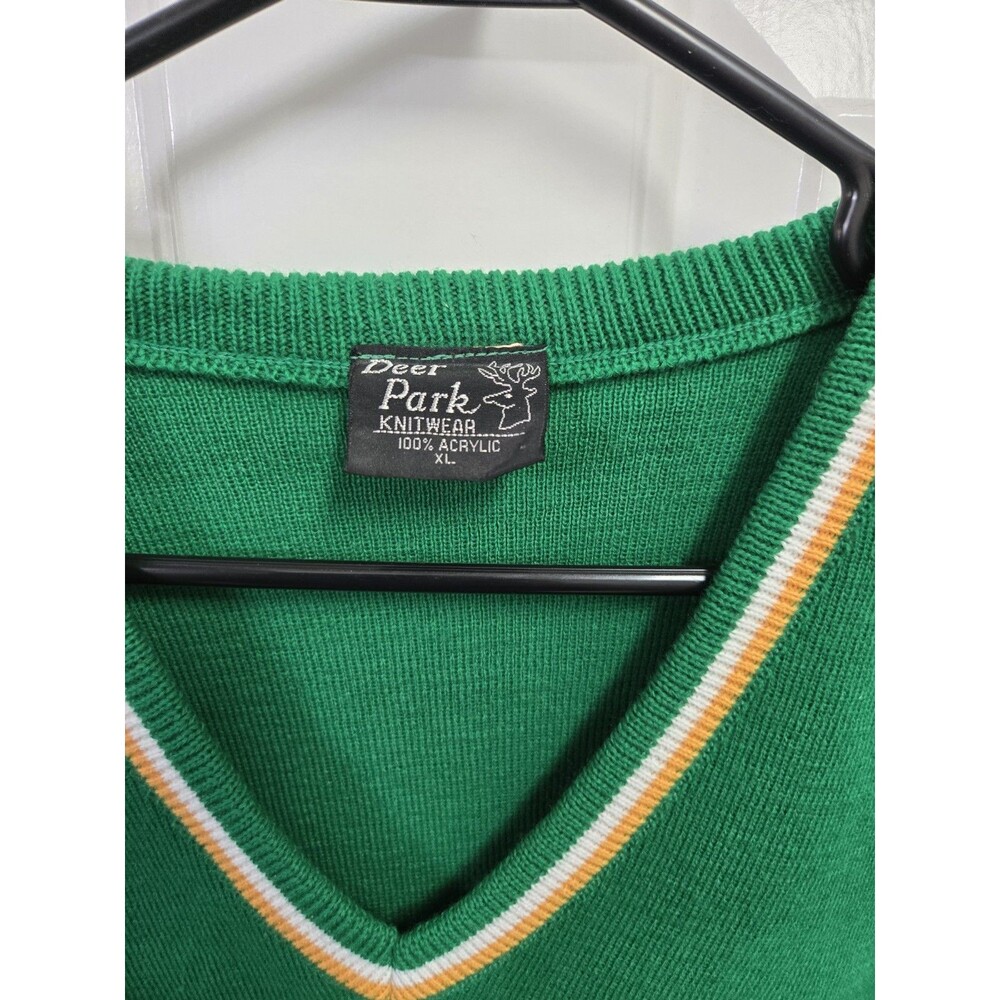Deer Park Knitwear Ireland V-Neck Sweater Green Orange White Trim Acrylic XL...